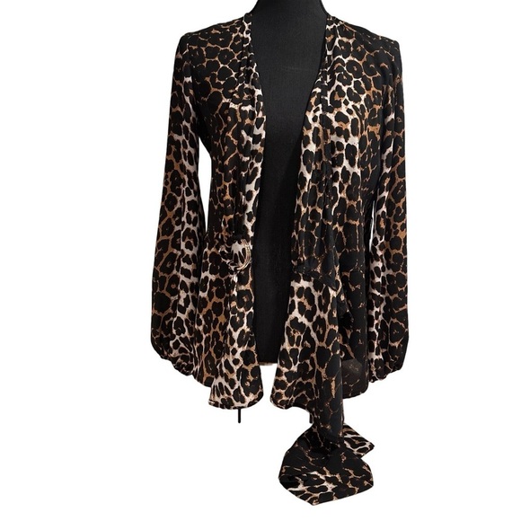 Joseph Ribkoff Leopard Wrap Top D Ring Balloon Sleeves Blouse Brown Size 6 Small - Picture 7 of 15